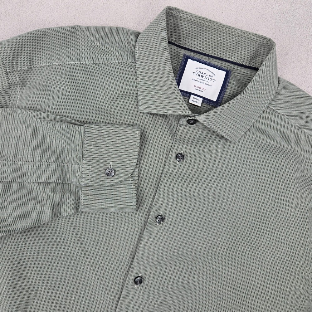 Charles Tyrwhitt 17/36 Classic Fit Shirt Mens Green Non-Iron Cotton Business